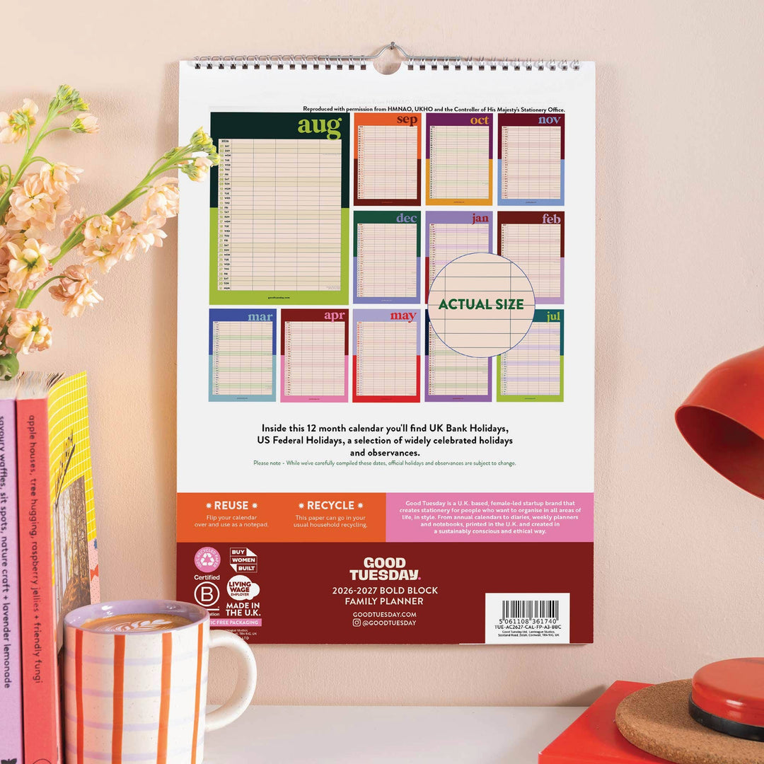 2026 - 2027 A3 Family Wall Calendar | Academic Year | Bold Block