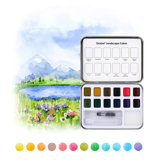 Grabie : Watercolour Pocket Set Of 12 With Brush - Landscape Colours