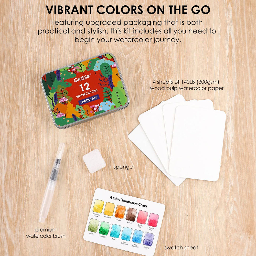 Grabie : Watercolour Pocket Set Of 12 With Brush - Landscape Colours