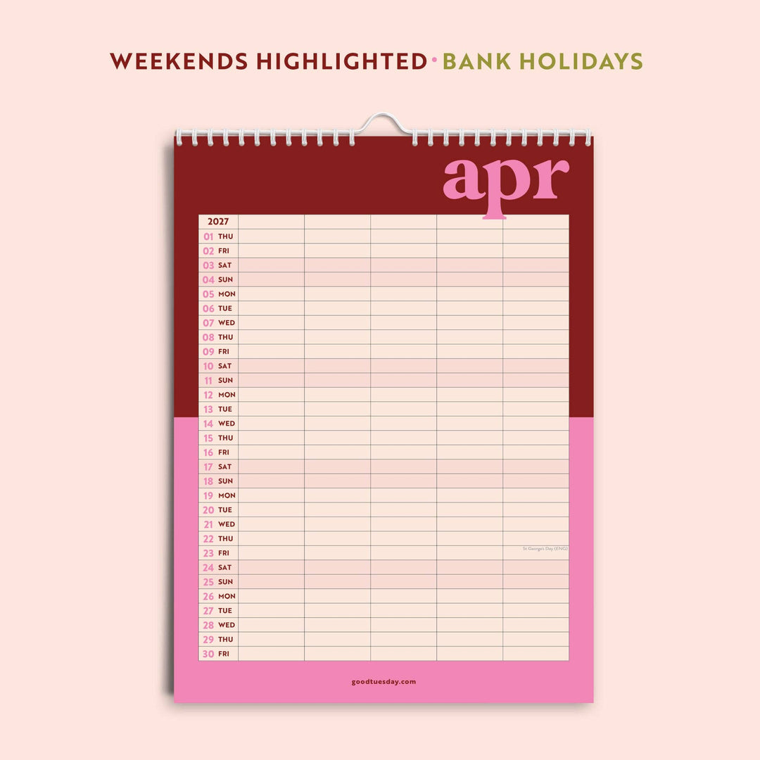 2026 - 2027 A3 Family Wall Calendar | Academic Year | Bold Block
