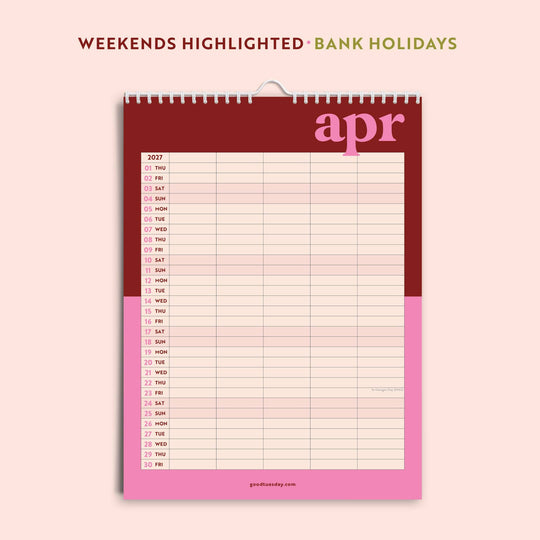 2026 - 2027 A3 Family Wall Calendar | Academic Year | Bold Block