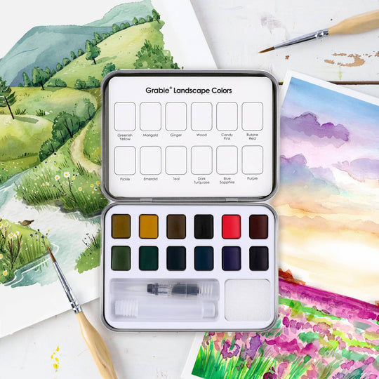 Grabie : Watercolour Pocket Set Of 12 With Brush - Landscape Colours